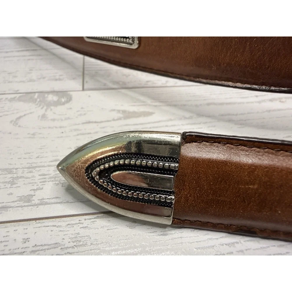 Vintage Brown Silver Tone Buckle Mens Belt Top Grain Leather Size 42 Fits to 44